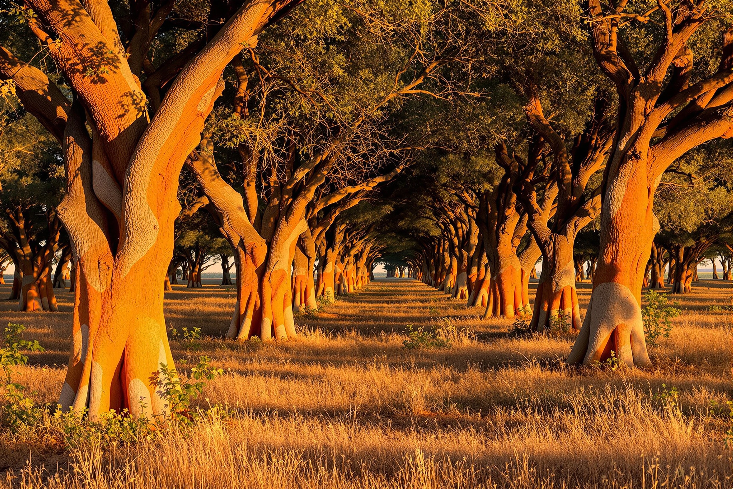 Stripped cork oaks glowing orange in the evening light of the Alentejo