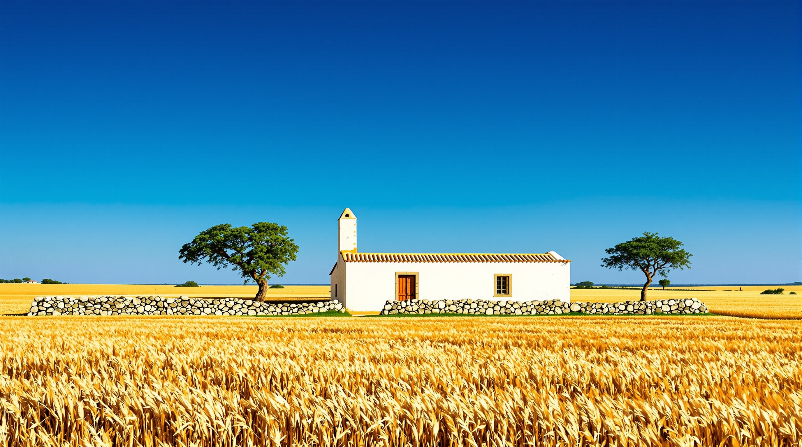 Whitewashed Alentejo monte with its great chimney standing alone on the wheat plain
