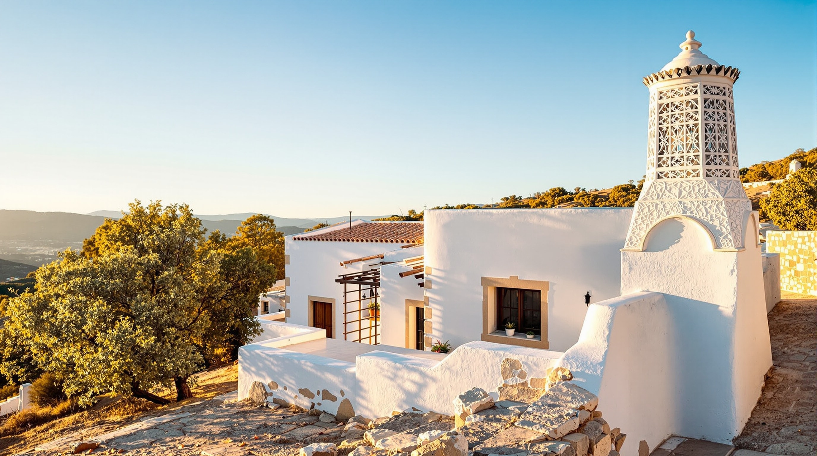 Whitewashed Algarve farmhouse with an ornate filigree chimney in the inland Barrocal