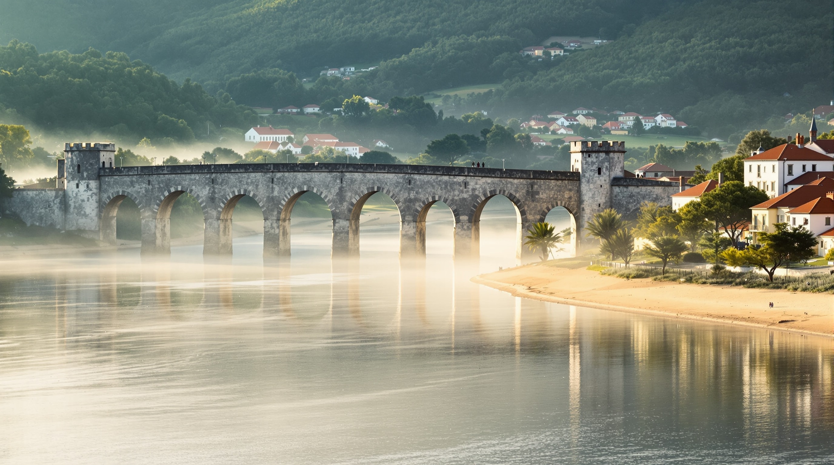 Medieval bridge over the River Lima with the green hills of the Alto Minho behind