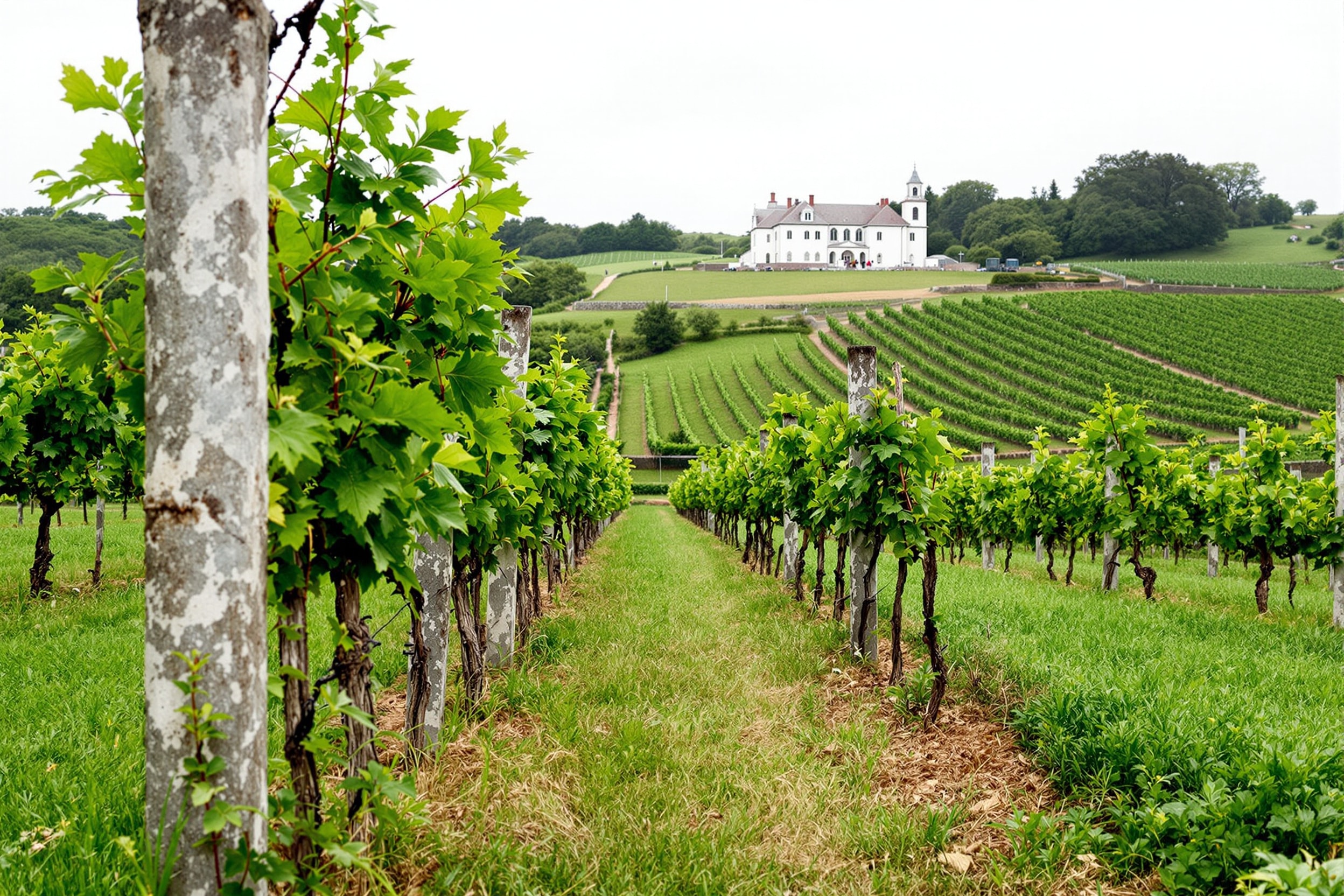 Vines trained on granite posts along field edges in the Minho, with a manor house beyond