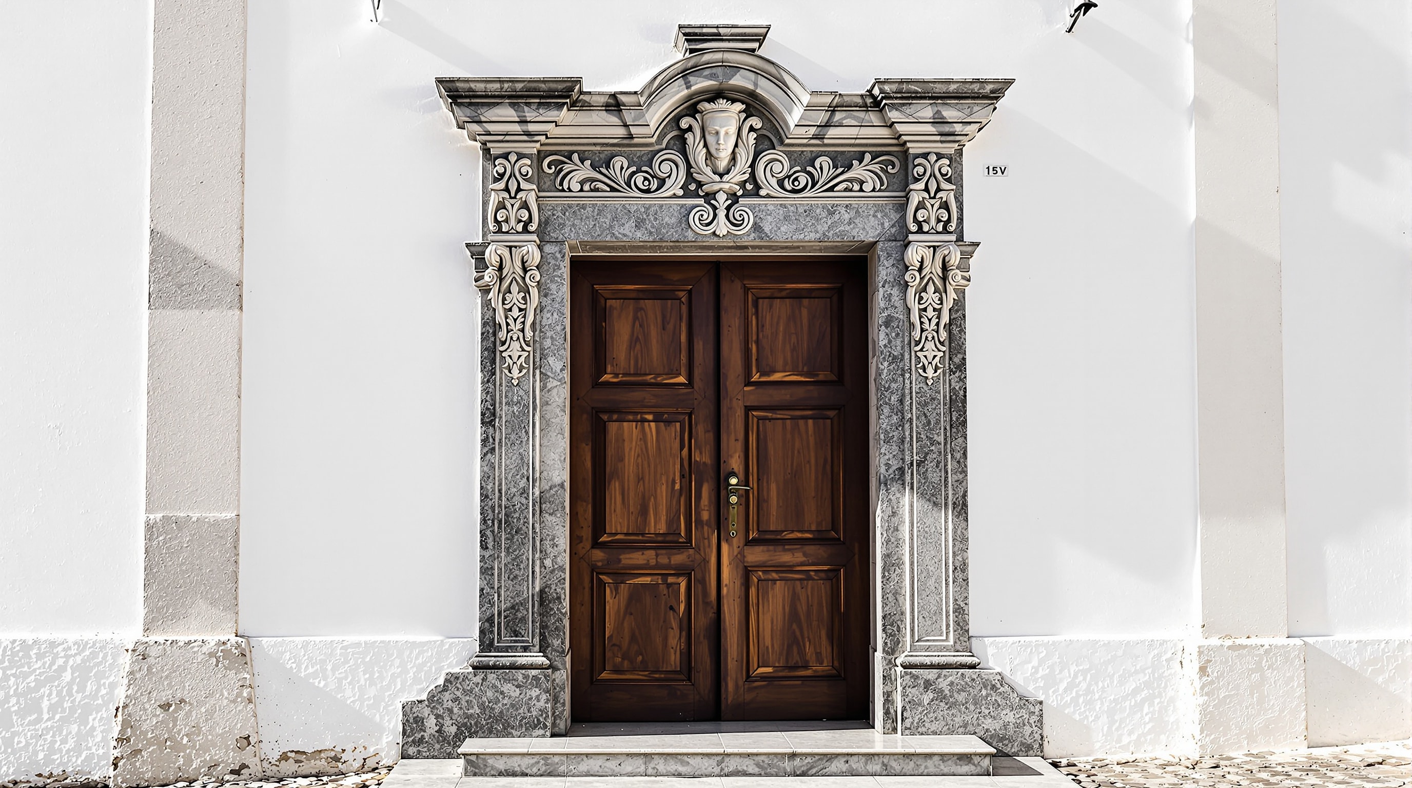 Carved baroque granite doorway set into the whitewashed front of a Portuguese manor house