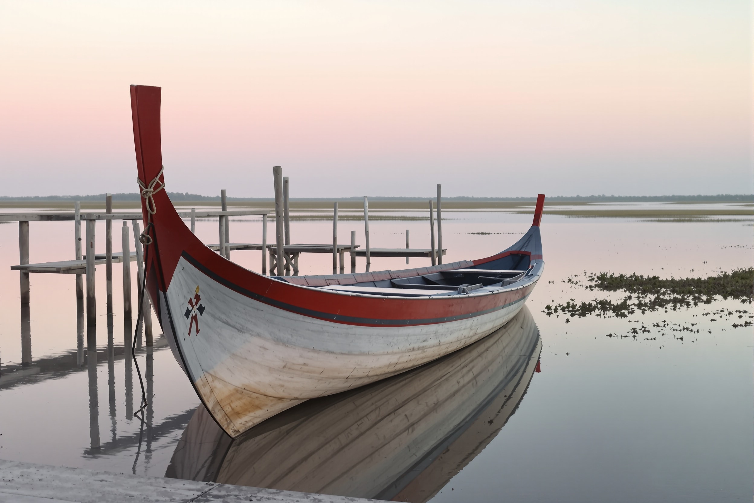 Painted flat-bottomed boat moored on the Aveiro lagoon at dawn