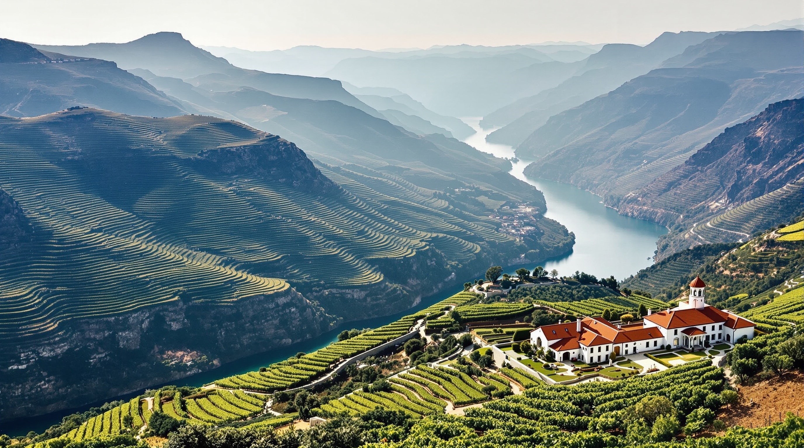 Terraced vineyards of the Douro valley descending to the river with a white quinta on the slope