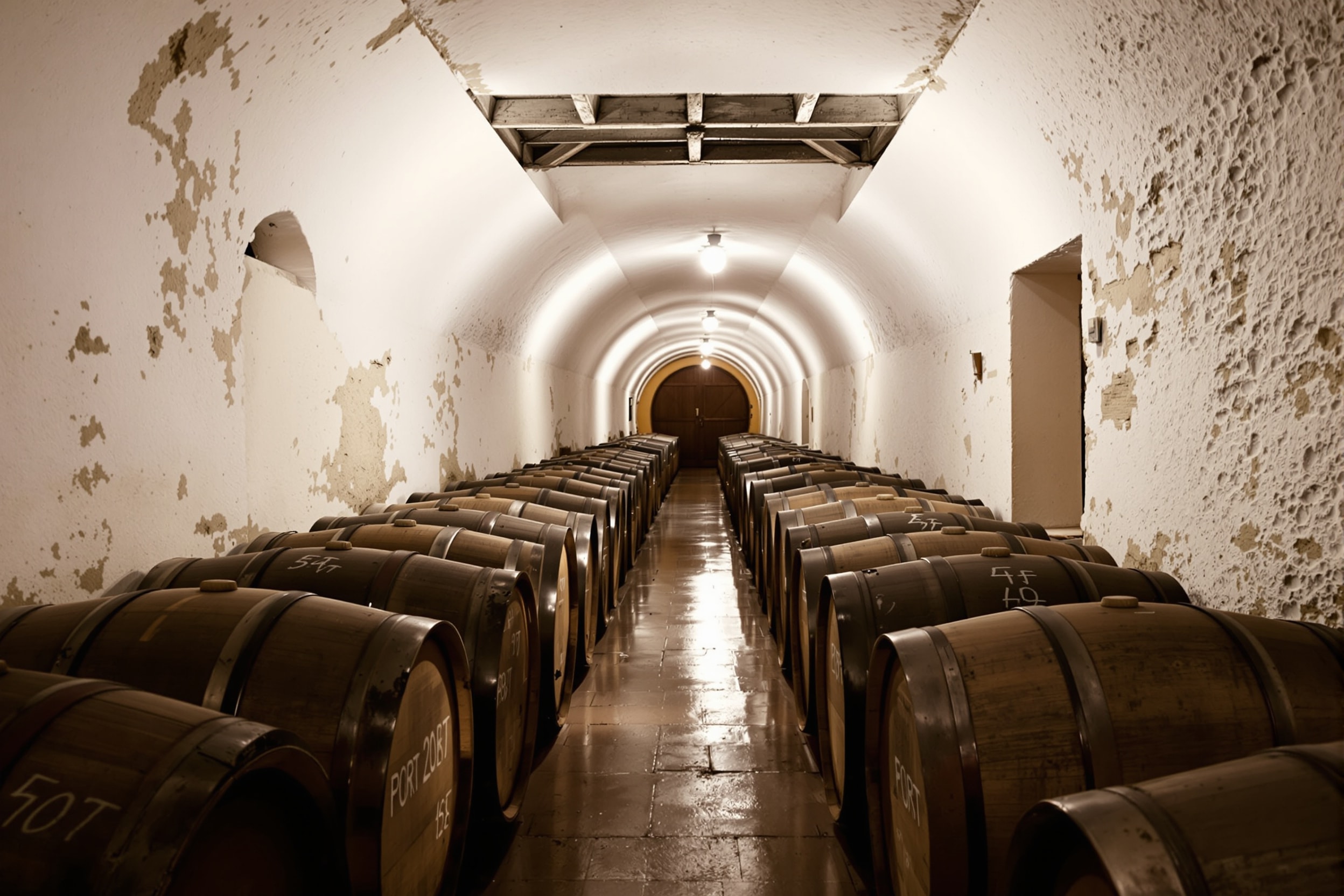 Rows of oak Port barrels ageing in a dim stone lodge
