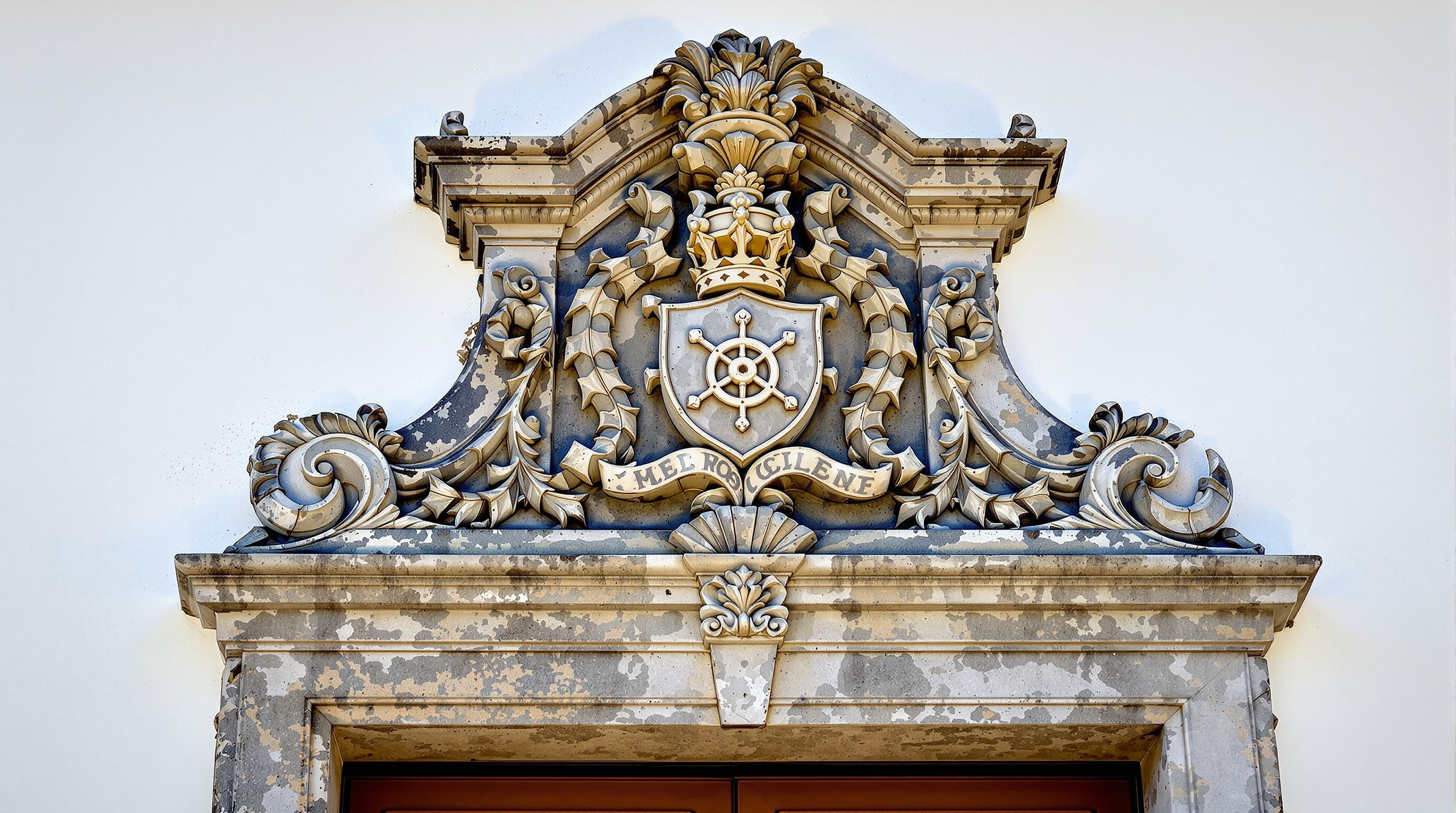 Weathered carved granite coat of arms above a Portuguese manor house doorway