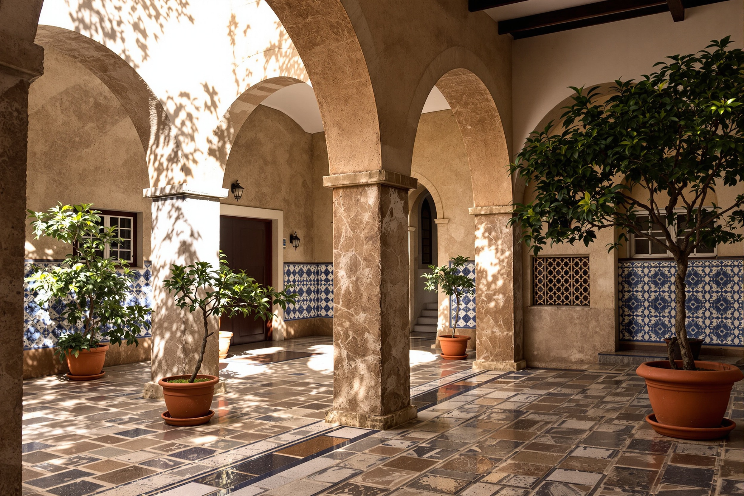Arcaded granite courtyard with blue and white azulejo tile panels in a Portuguese estate house