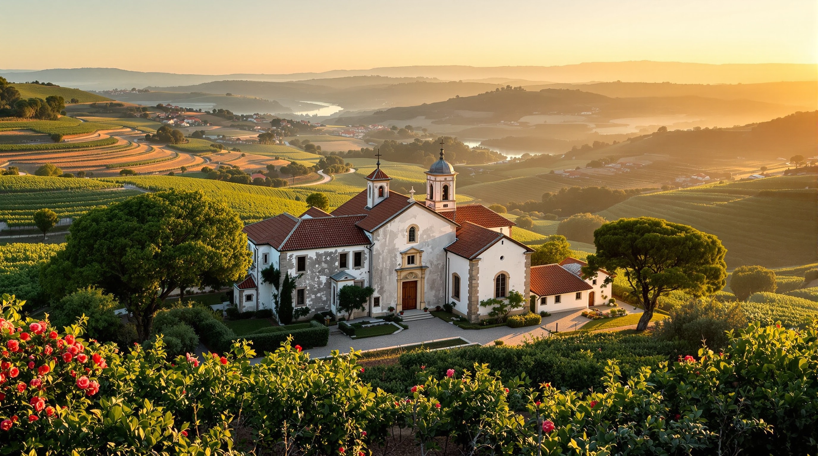 Granite Portuguese manor house with attached chapel above a green terraced valley in the Minho