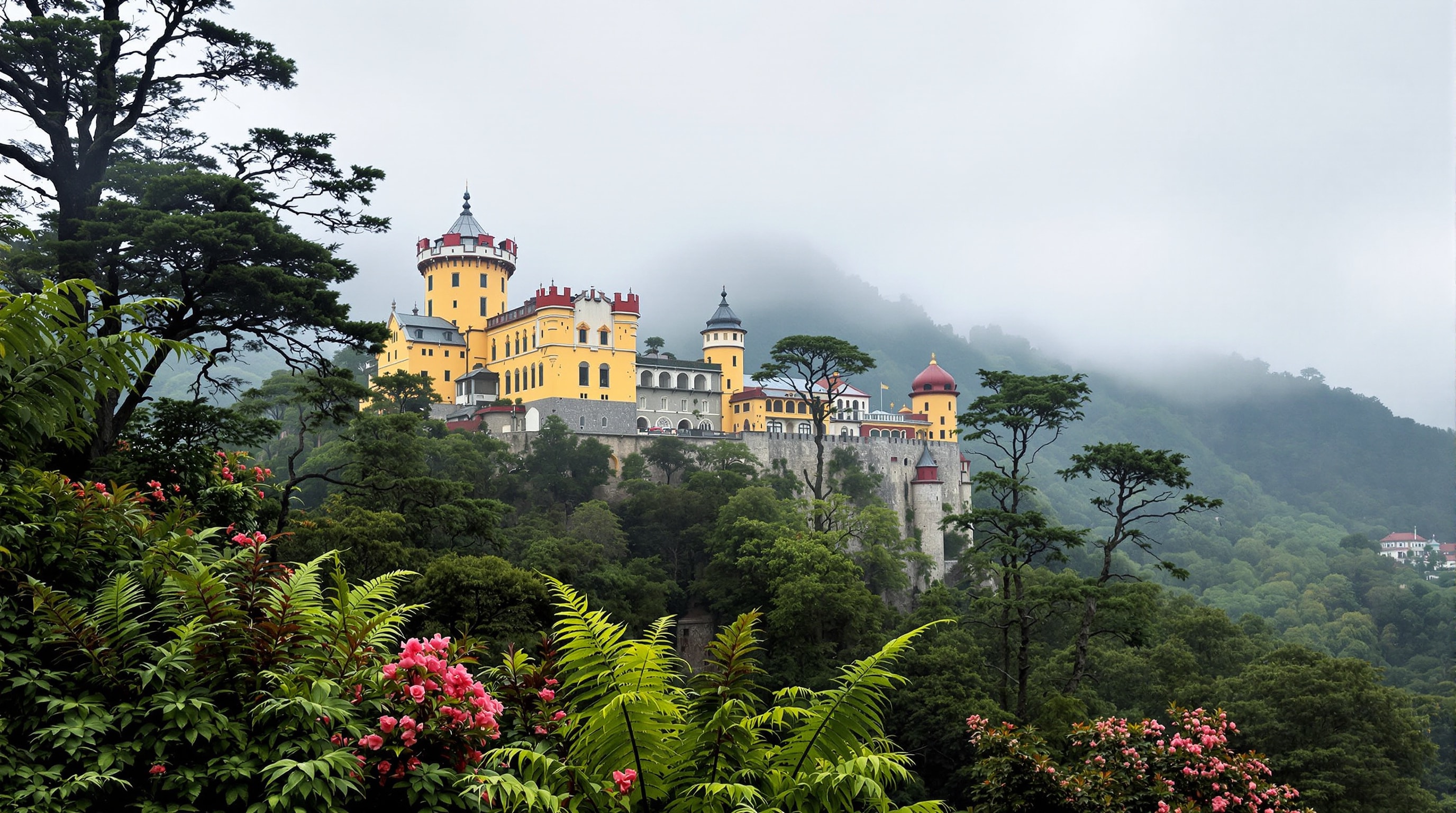 Romantic hilltop palace above Sintra rising out of misty wooded slopes