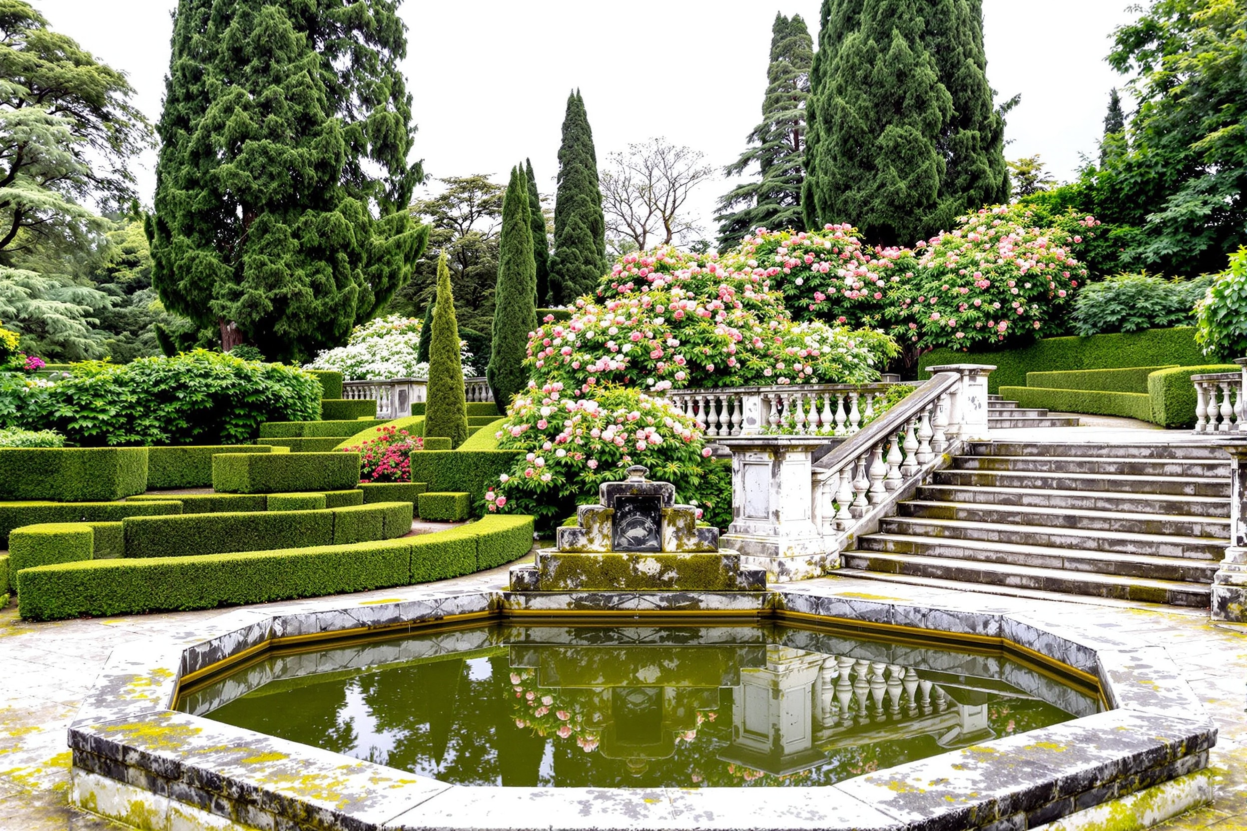 Formal box parterre and granite water tank in a Sintra estate garden