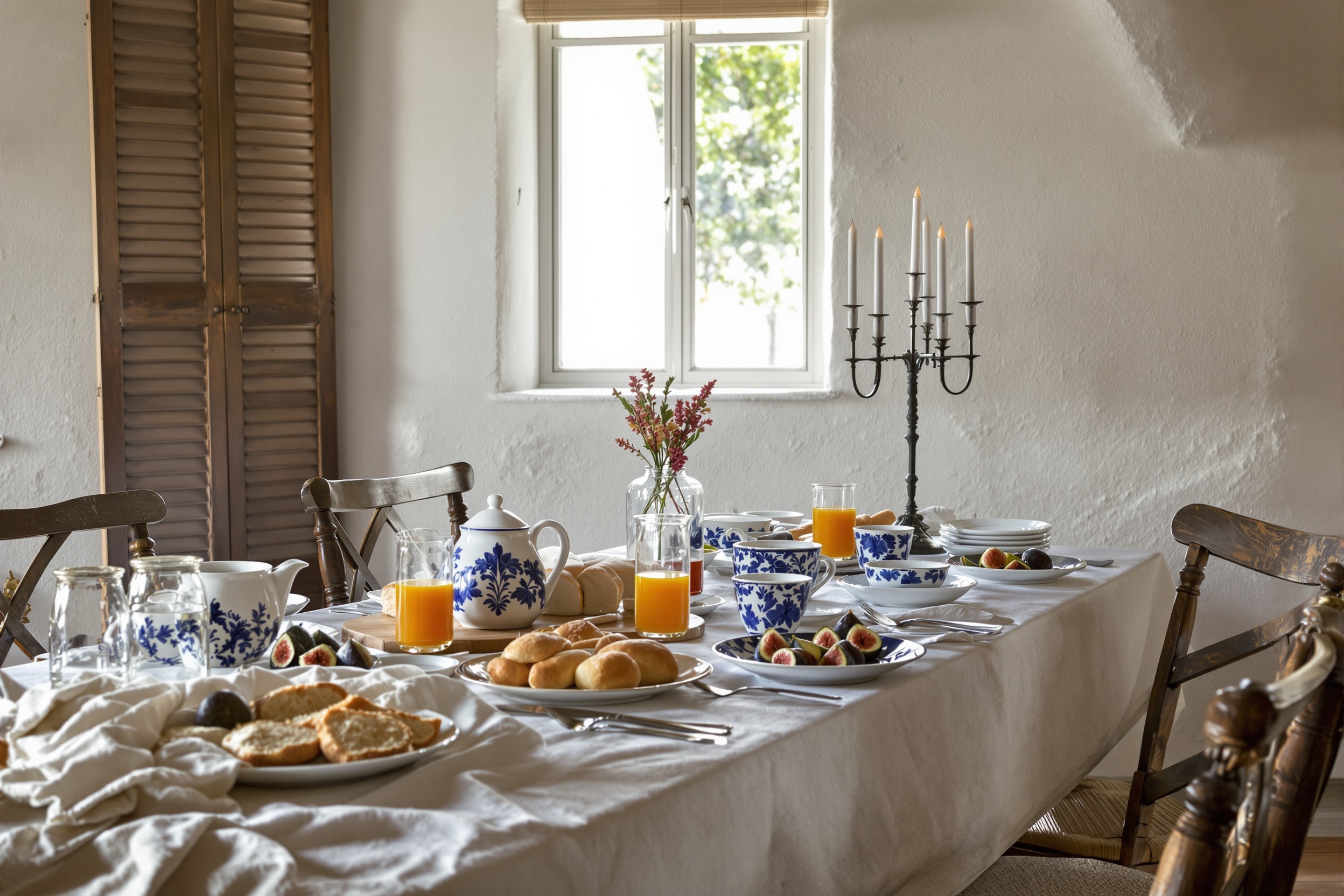Breakfast laid on a long wooden table in a Portuguese country house