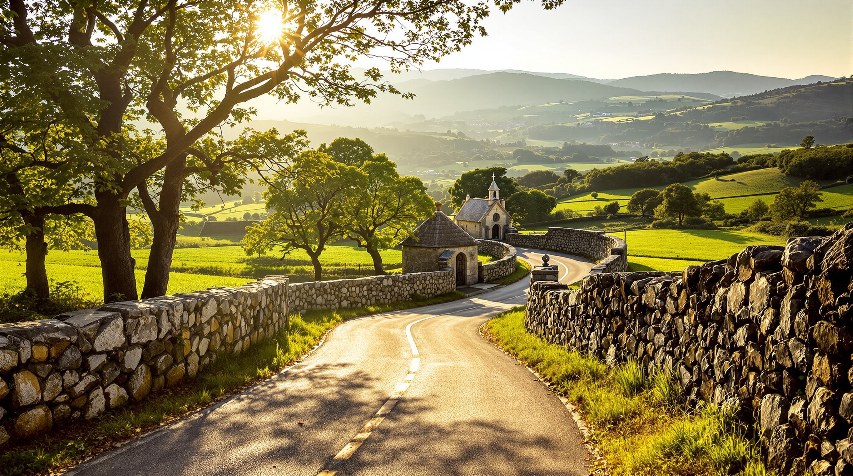 Narrow country road running between granite walls through the green north of Portugal