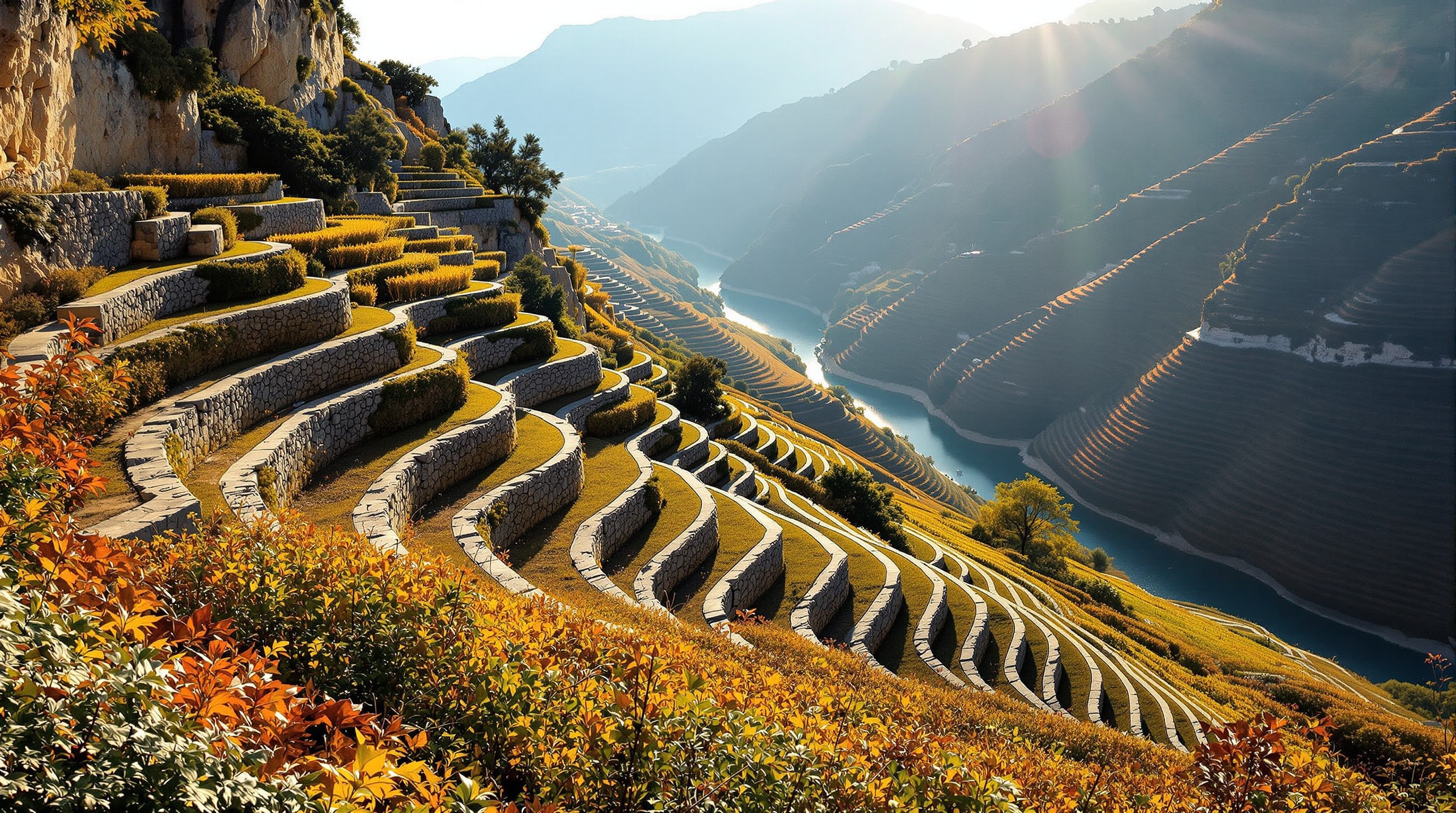 Hand-built dry stone vine terraces stepping down a Douro hillside in autumn