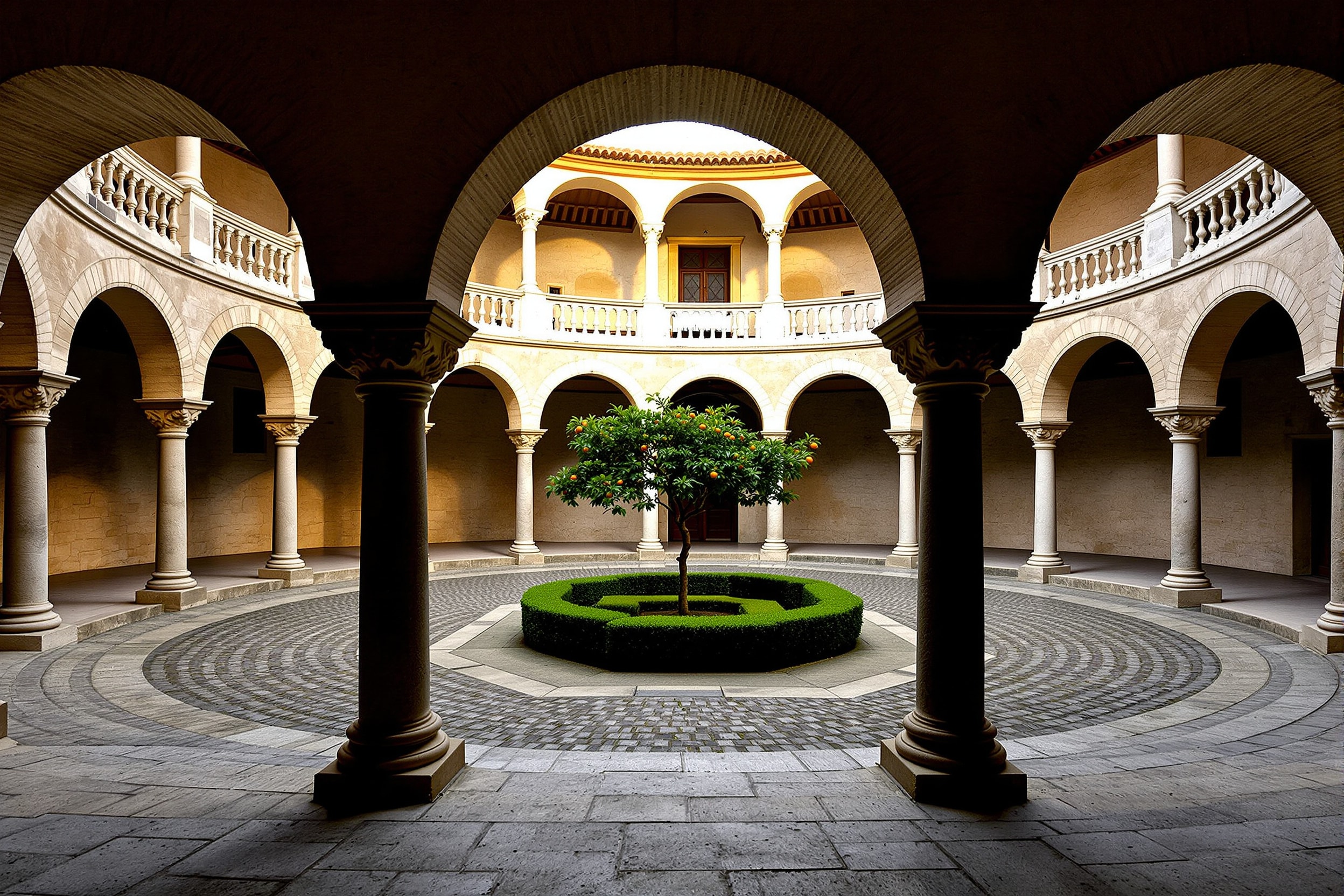 Arcaded stone cloister and garden of a former Portuguese convent