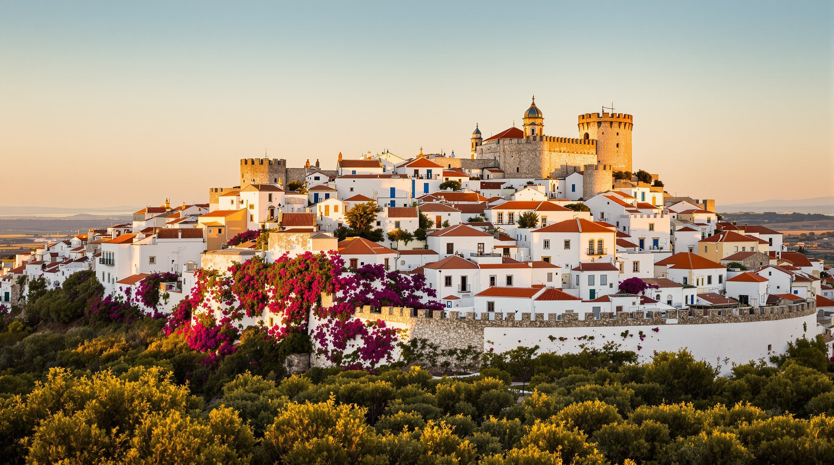 Whitewashed walled town of the Estremadura with its castle above the Tagus country