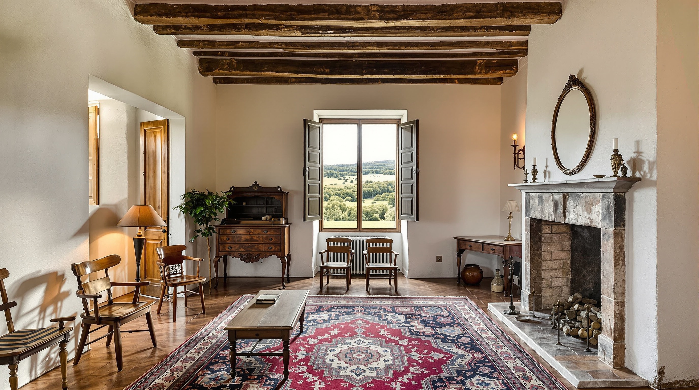 Beamed drawing room of a Portuguese manor house with granite fireplace and shuttered window